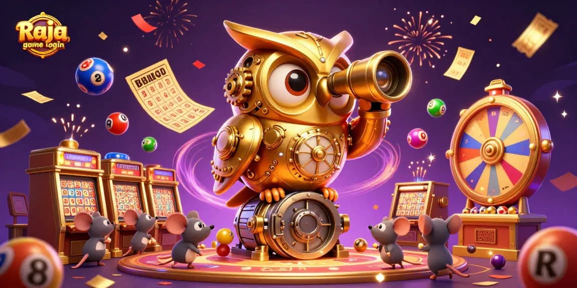 Engage with the excitement of Raja game login as a golden owl scans a bustling casino with colorful lottery elements.