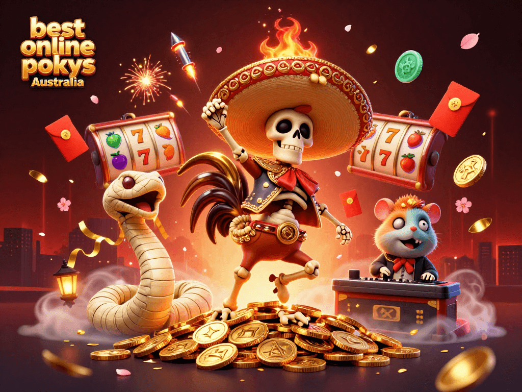 Experience the best online pokies Australia with thrilling actions and vibrant visuals in this engaging illustration.