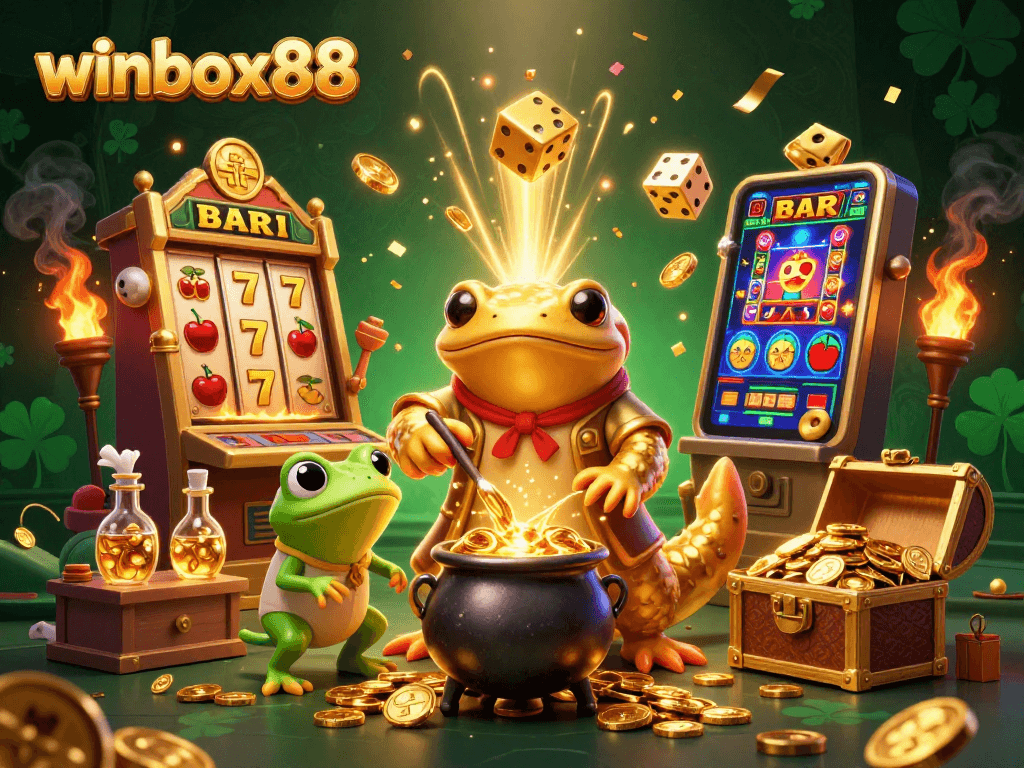Winbox88 showcases a vibrant 3D illustration of an alchemist and characters, radiating casino excitement with jackpot symbols.