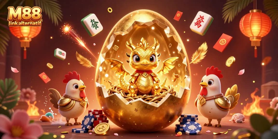 M88 link alternatif showcases a golden dragon and poker chips in an engaging online casino scene.