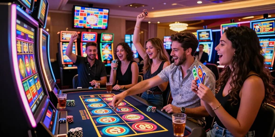 Cika4D gaming excitement with friends celebrating at a vibrant casino slot machine.