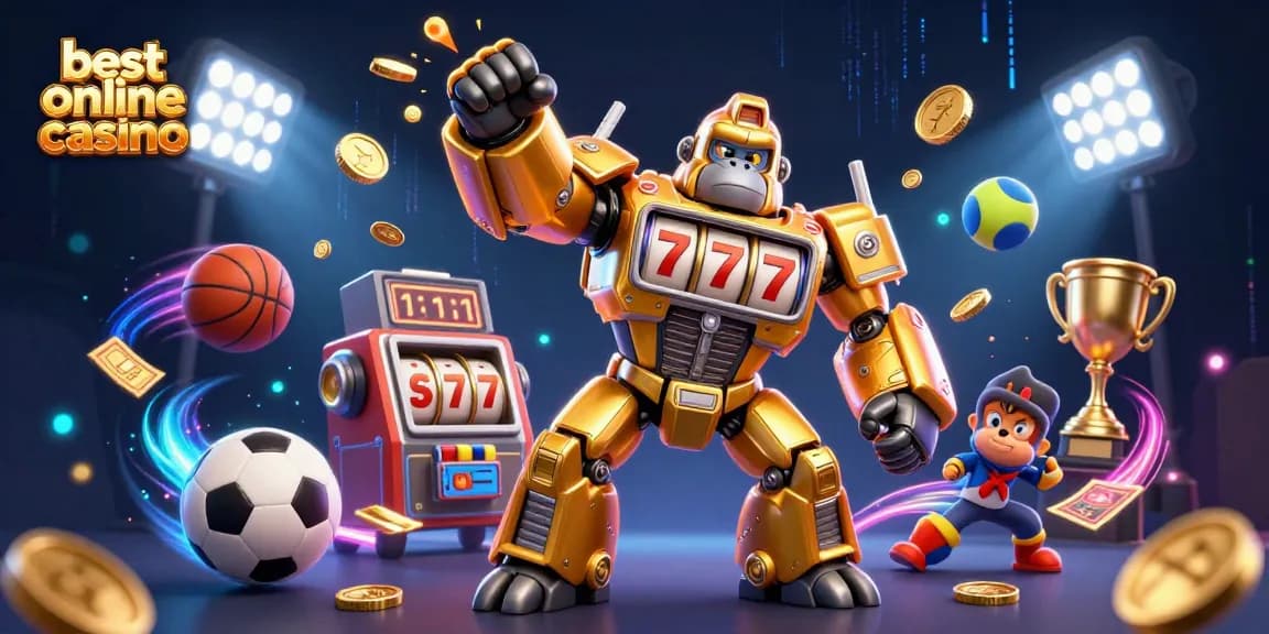 Experience the thrill of the best online casino with this vibrant 3D illustration featuring a golden gorilla mech amidst sports elements.