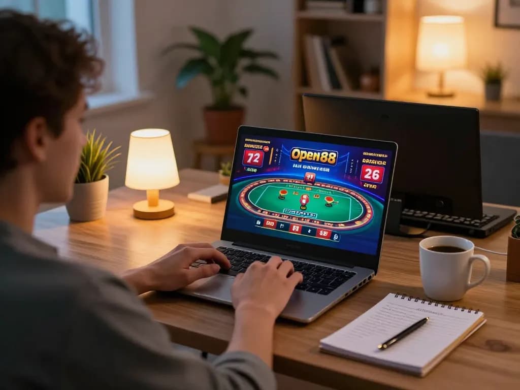 Engaging in Open88 online gaming strategy with live dealer gameplay displayed on a laptop screen.