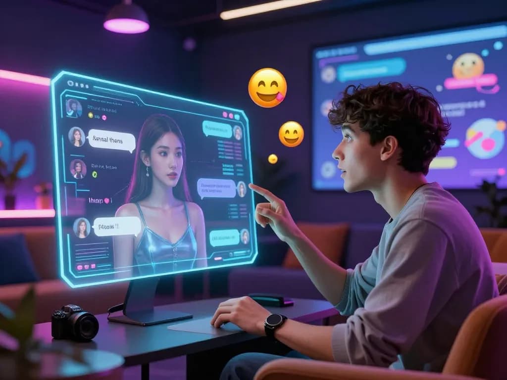 Engaging in a porn AI chat, user interacts with a holographic chatbot in a vibrant digital lounge atmosphere.