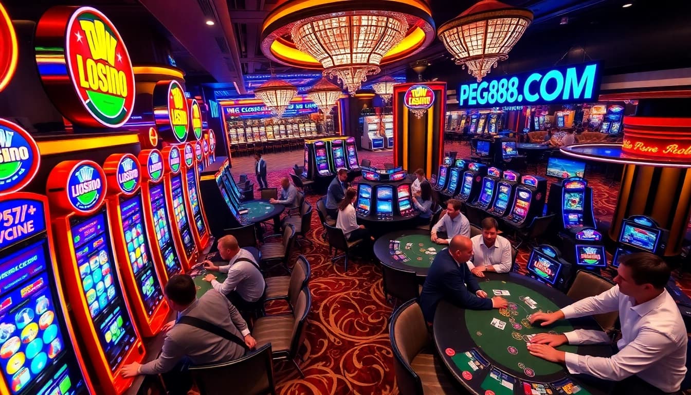 Exciting gaming atmosphere at PG88.COM with vibrant slot machines and engaged players.