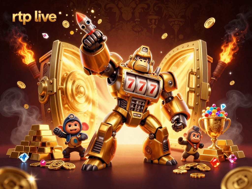 Engage with rtp live as the golden gorilla mech bursts with riches in a 3D casino scene.