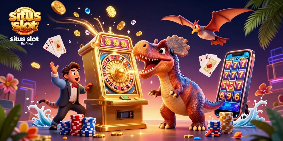 Experience thrilling wins at situs slot thailand with a dynamic illustration of a vibrant casino scene featuring iconic characters.