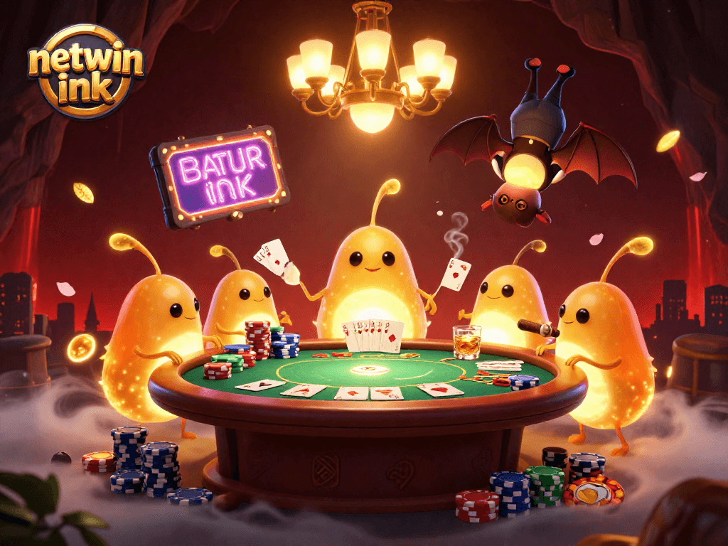 Illuminate the excitement of netwin ink as glowworms brighten a vibrant casino scene with poker action.