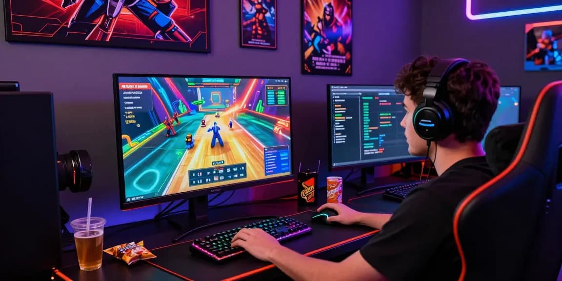 Aviator crash game player immersed in a vibrant gaming setup with colorful graphics and gaming accessories, capturing the excitement of online gaming.