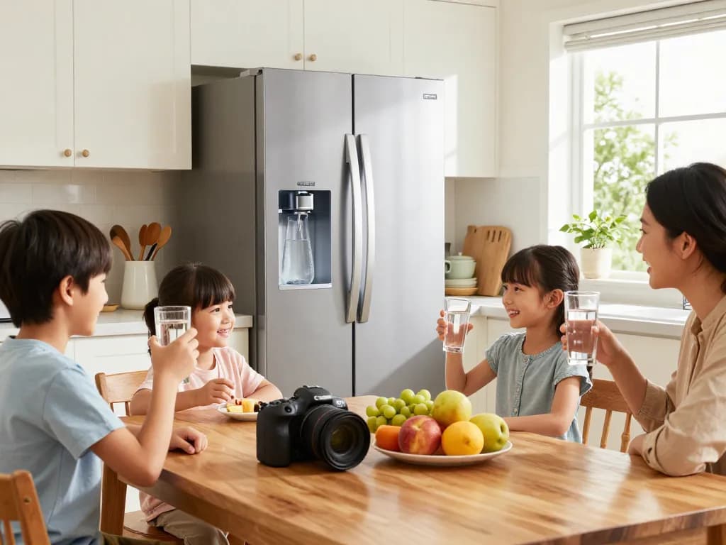 Waterdrop Replacement for Frigidaire® & Electrolux® WF2CB® showcased in a bright kitchen with family enjoying filtered water.