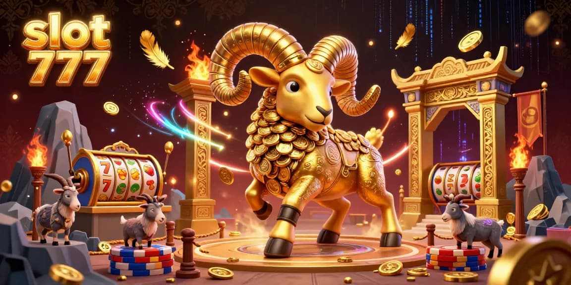 Experience thrilling gameplay at slot 777 with dynamic golden ram charging the gate surrounded by rich casino elements.