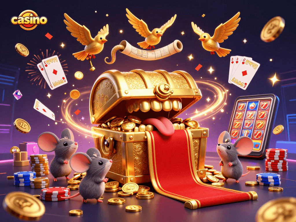 Experience the excitement of a vibrant casino scene full of golden treasures and winning cards.