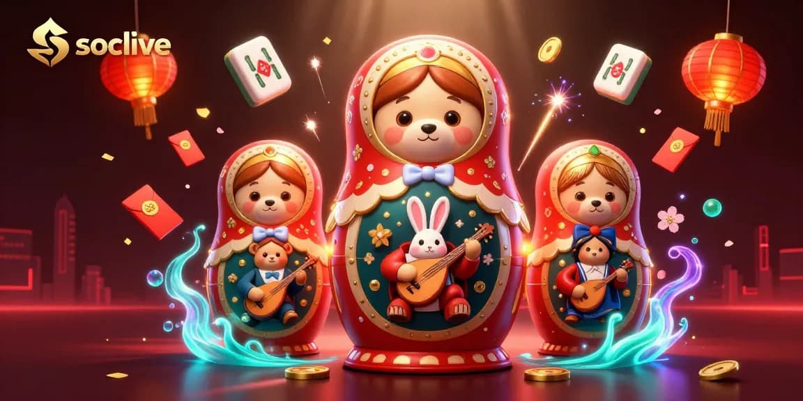 Socolive showcases a vibrant 3D casino scene with unique Matryoshka bear characters and engaging gaming elements.