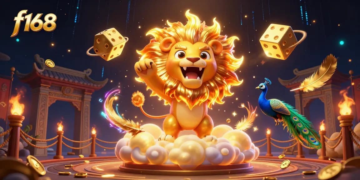 Experience f168 with vibrant golden dice and a roaring lion amidst dynamic casino elements.