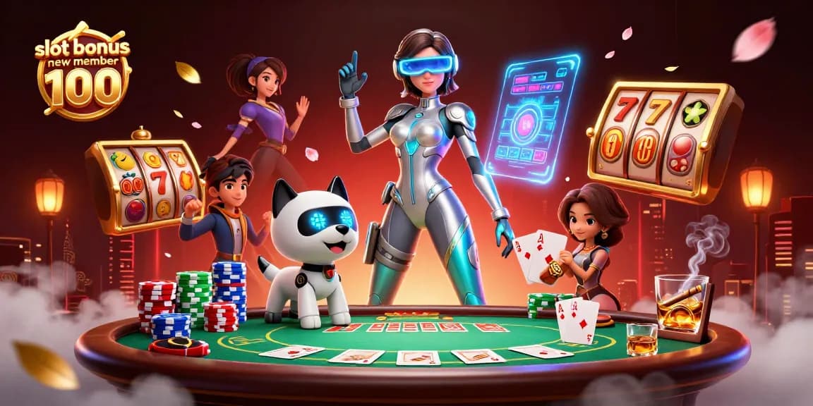 Spin the reels with the slot bonus new member 100 in a vibrant casino scene.