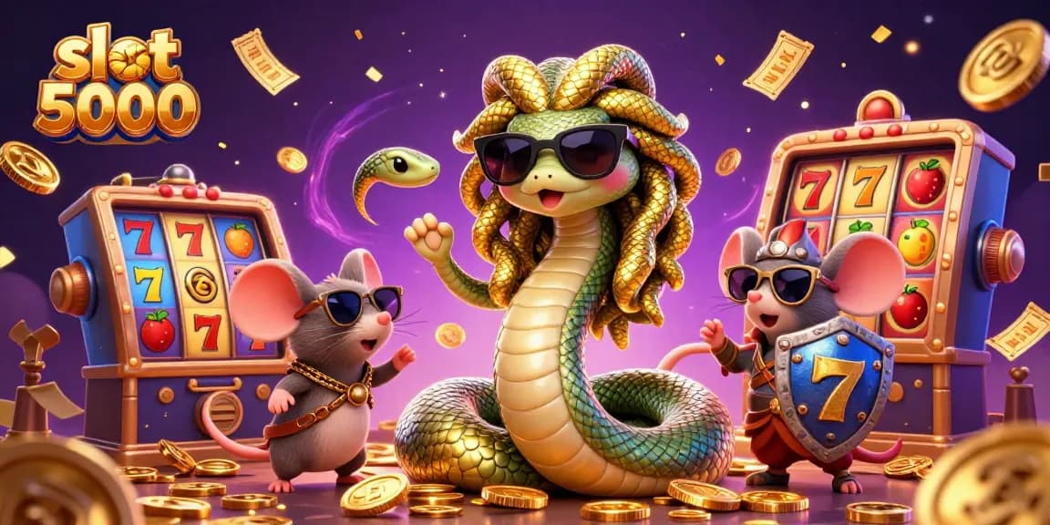 Spin the reels with slot 5000 in this vibrant 3D illustration packed with dynamic casino elements.