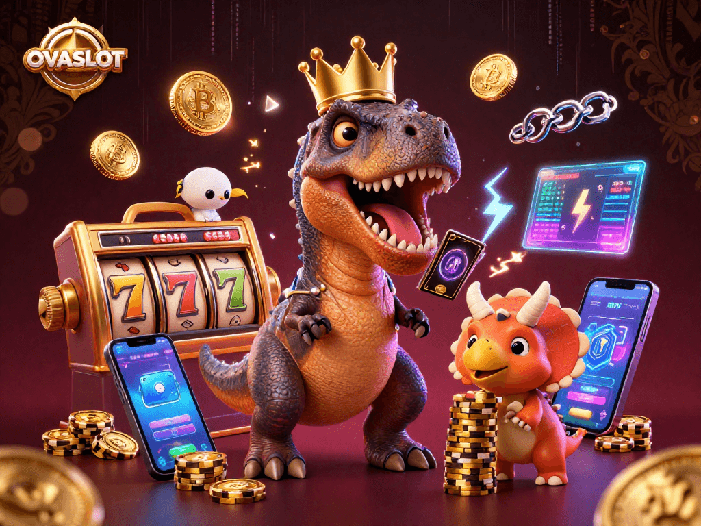 OVASLOT presents a lively scene featuring a fun T-Rex shuffling slot cards while a triceratops stacks chips.