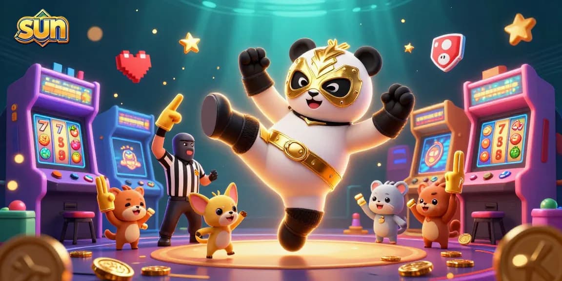 Win exciting battles in this lively sun-themed casino scene featuring playful animals.