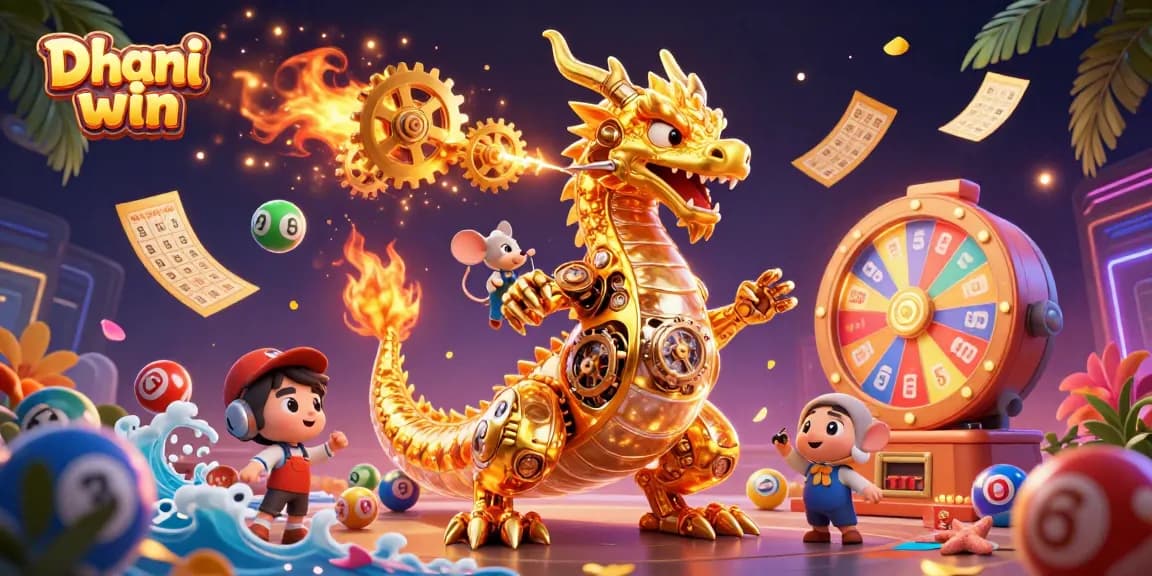 Join the excitement on Dhani win with vibrant lottery elements and a golden dragon illustration.
