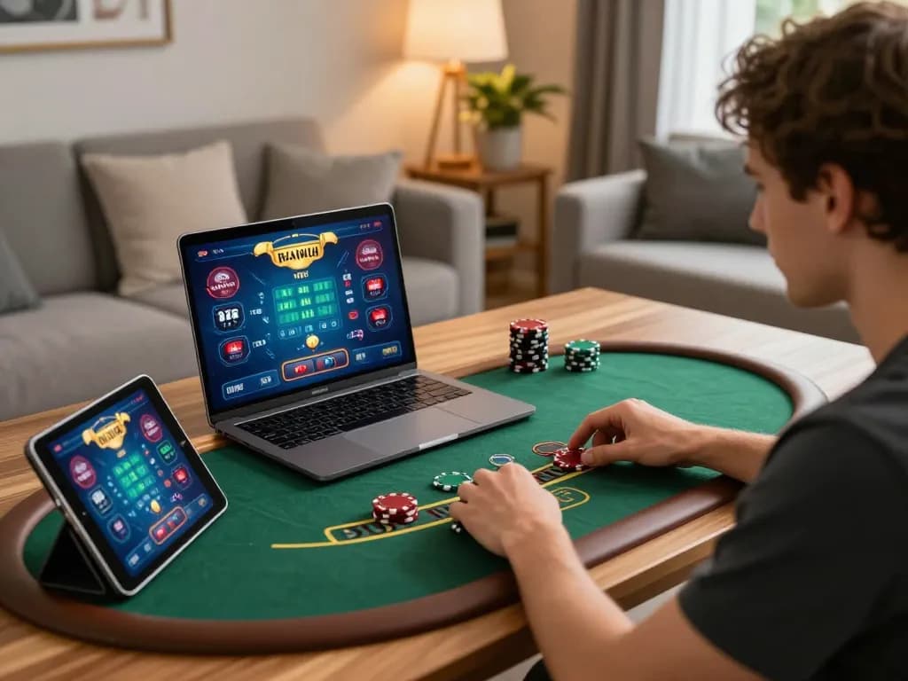 Engaging in live blackjack on BJ88, showcasing a stylish home gaming setup.
