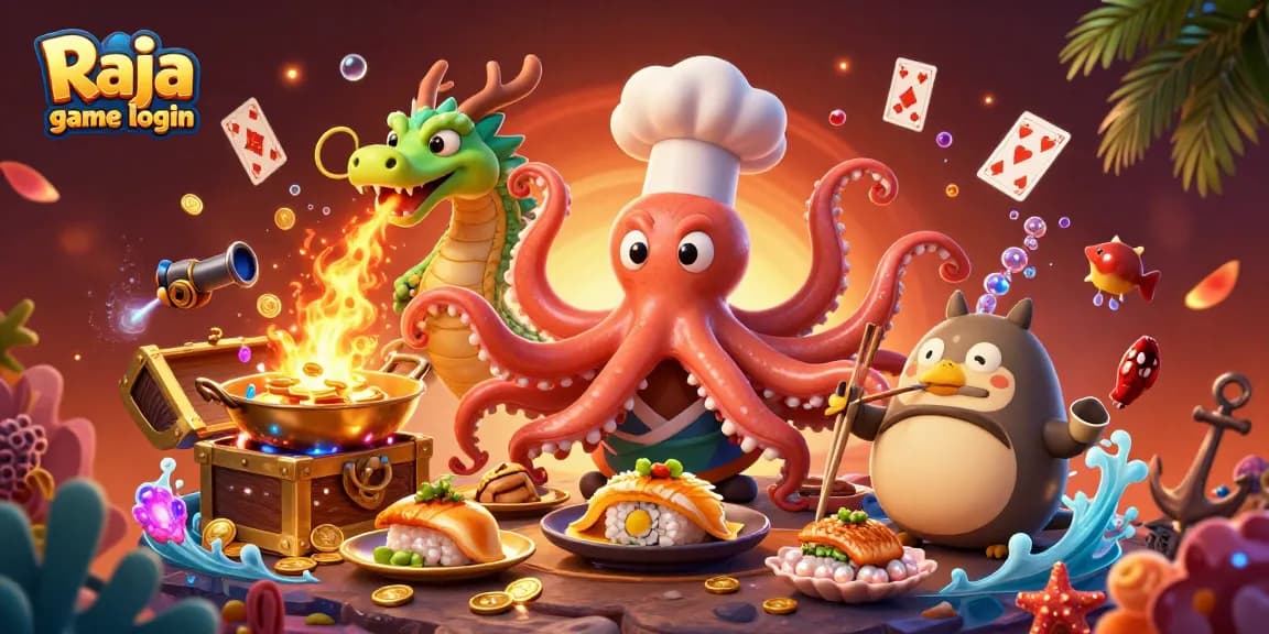 Engage with the thrilling Raja game login experience amid vibrant casino-themed characters and dynamic visuals.