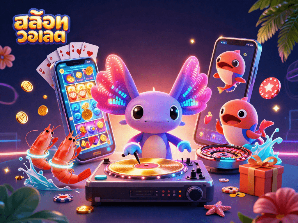 Experience exciting สล็อตวอเลท action with a neon-lit underwater casino scene featuring charismatic characters and vibrant game elements.