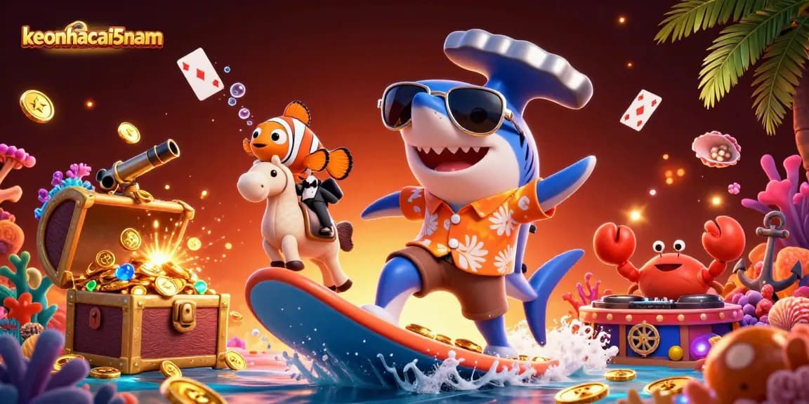 Bet on keonhacai5nam with a vibrant 3D illustration of a shark and sea creatures enjoying a jackpot.