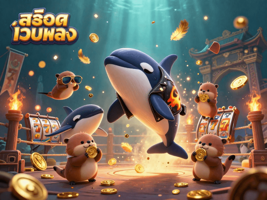 Engage with สล็อตเว็บตรง as the orca, stingray, and otters celebrate in a vibrant casino scene.