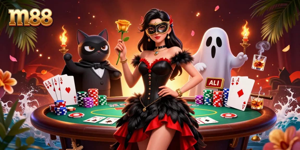 Experience thrilling gaming at m88 with vibrant poker elements, stunning characters, and golden touches.