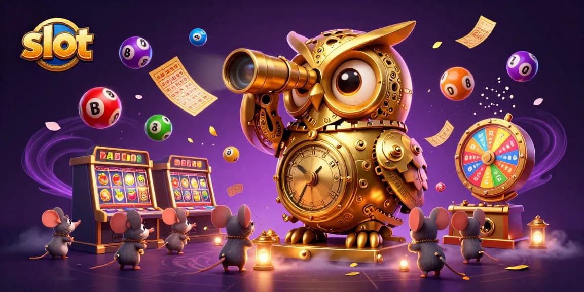 Experience thrilling slots action with a clockwork owl overseeing lively gameplay in a vibrant casino.