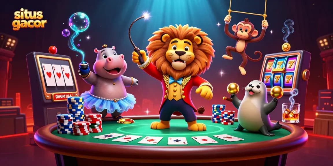 Win big at situs gacor with a lively casino scene featuring a cartoon lion, hippo, monkey, and seal.