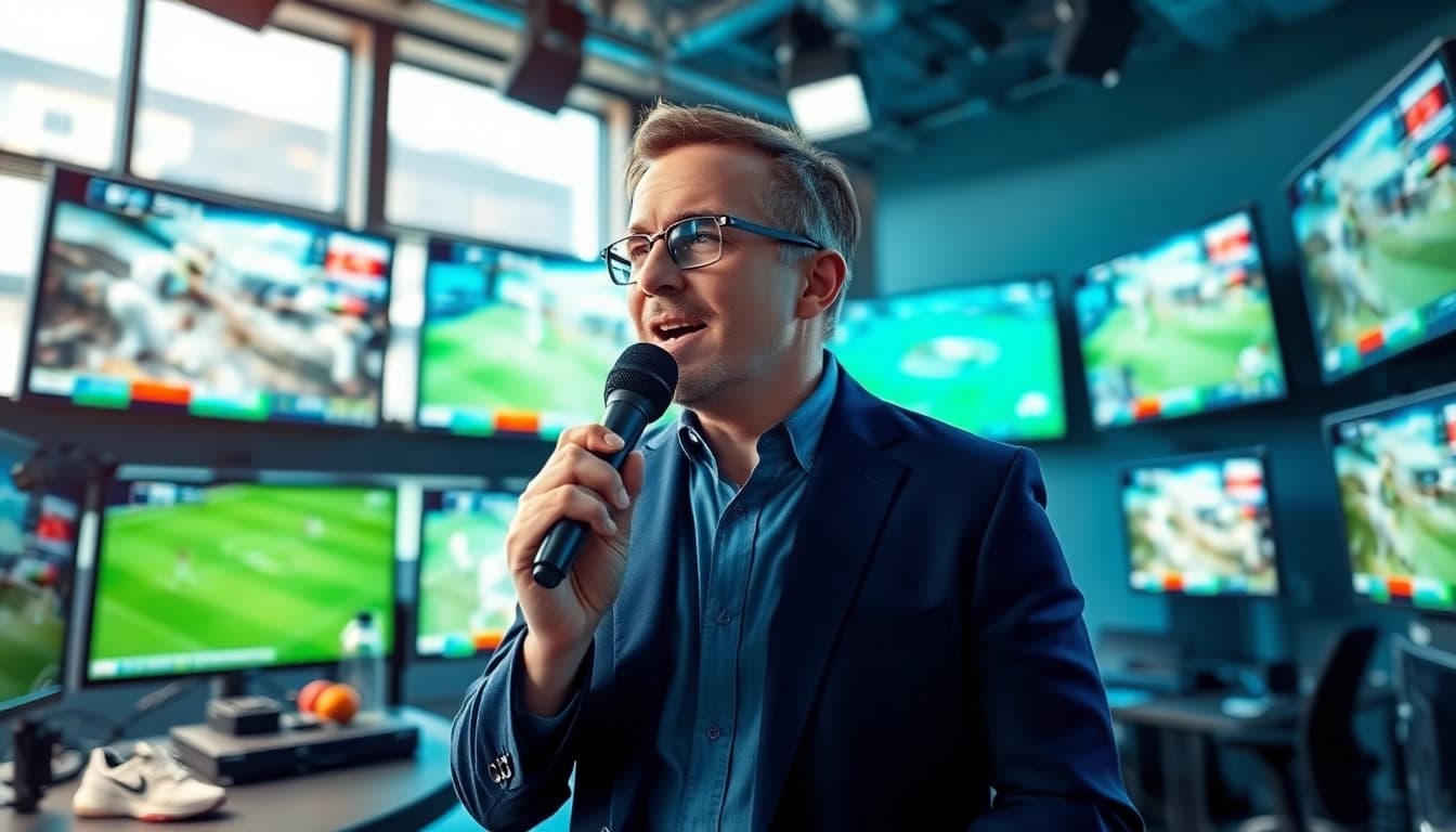 Engaging scene of sports broadcasting with a passionate analyst and high-tech equipment.