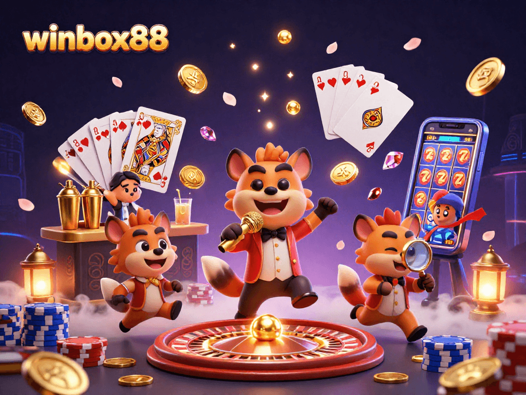 Winbox88 hyenas entertaining at a comedy casino with vibrant games and fun elements.