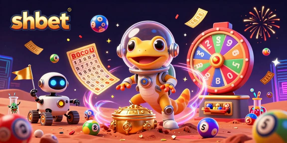 Engage with shbet's exciting lottery scene featuring a Martian gecko, vibrant prizes, and dynamic winnings.