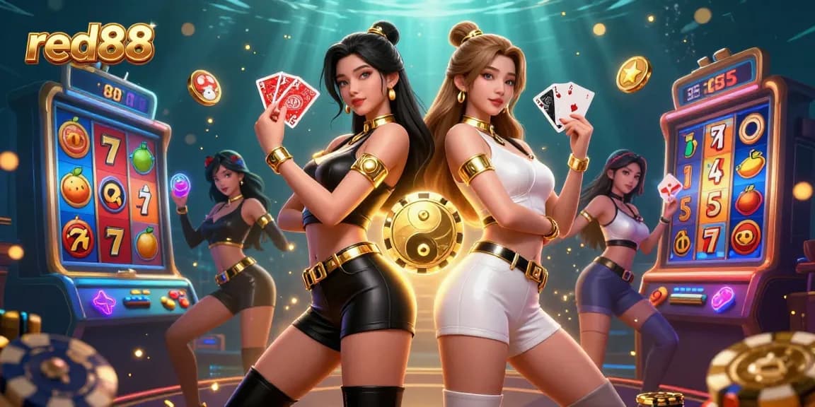 Engage in thrilling games at red88 with stunning twin Asian women showcasing cards and casino elements.