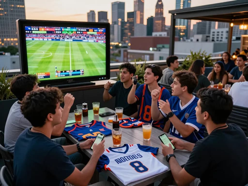 Friends enjoying live sports betting at a rooftop bar while cheering for their favorite teams on 77WIN platform