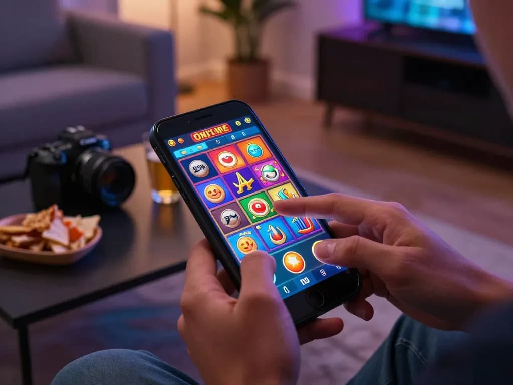 Engaging user spins slot gacor on smartphone, showcasing vibrant mobile gaming atmosphere