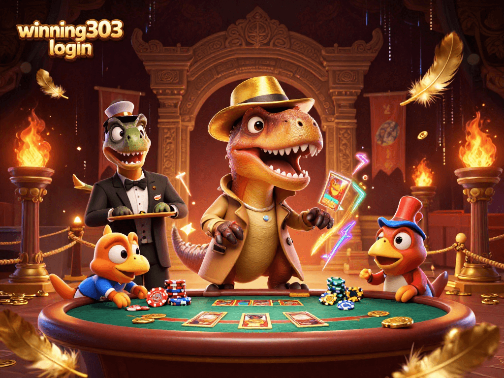 Winning303 login: Observe the crafty velociraptor card counter in action at a vibrant casino.