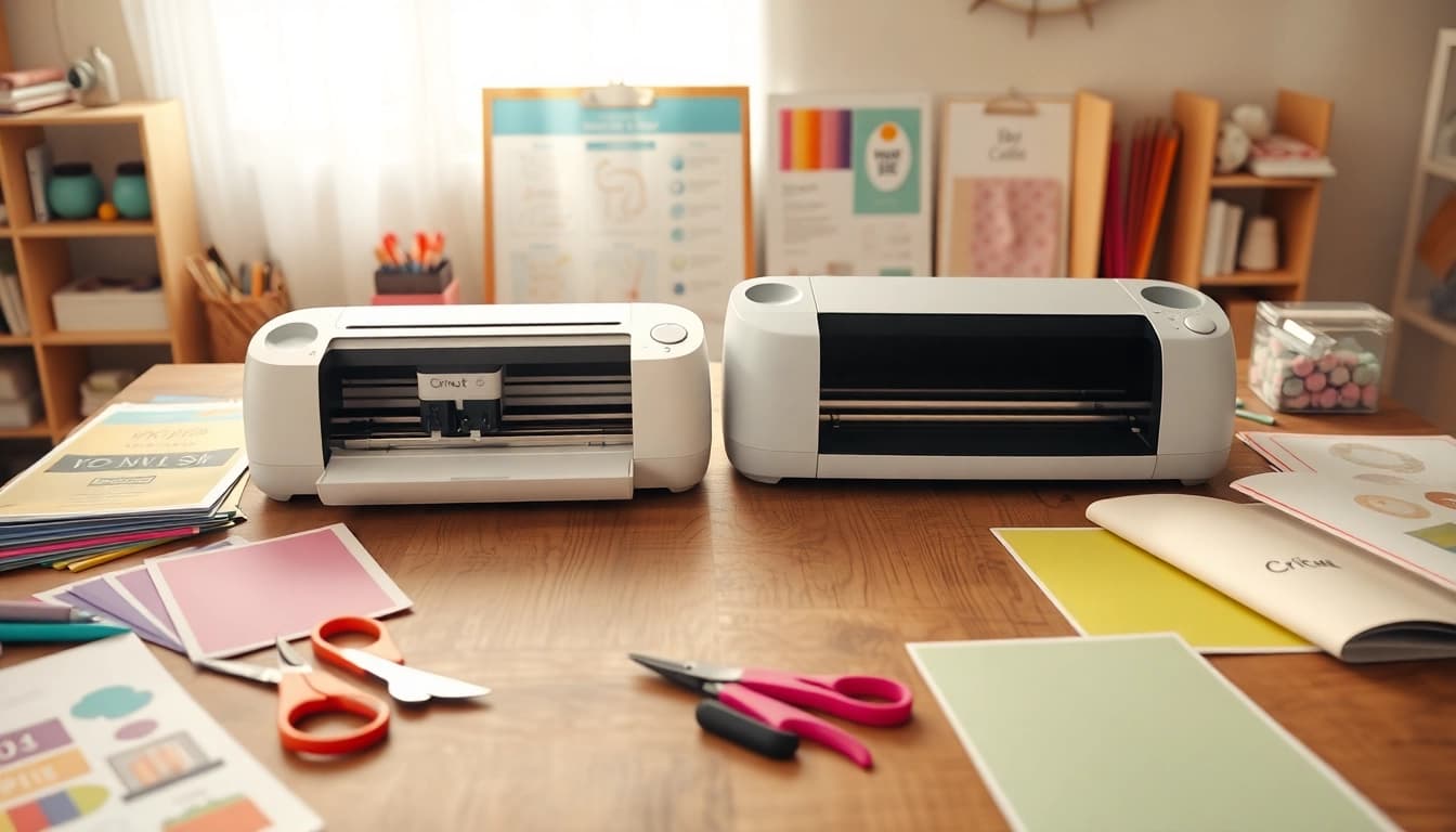 Comparative view of silhouette vs cricut machines in a vibrant crafting workspace.