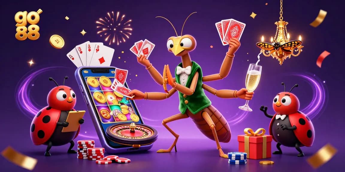 Engage in the go 88 casino action with a vibrant scene of a giant mantis dealer and ladybug pit boss.