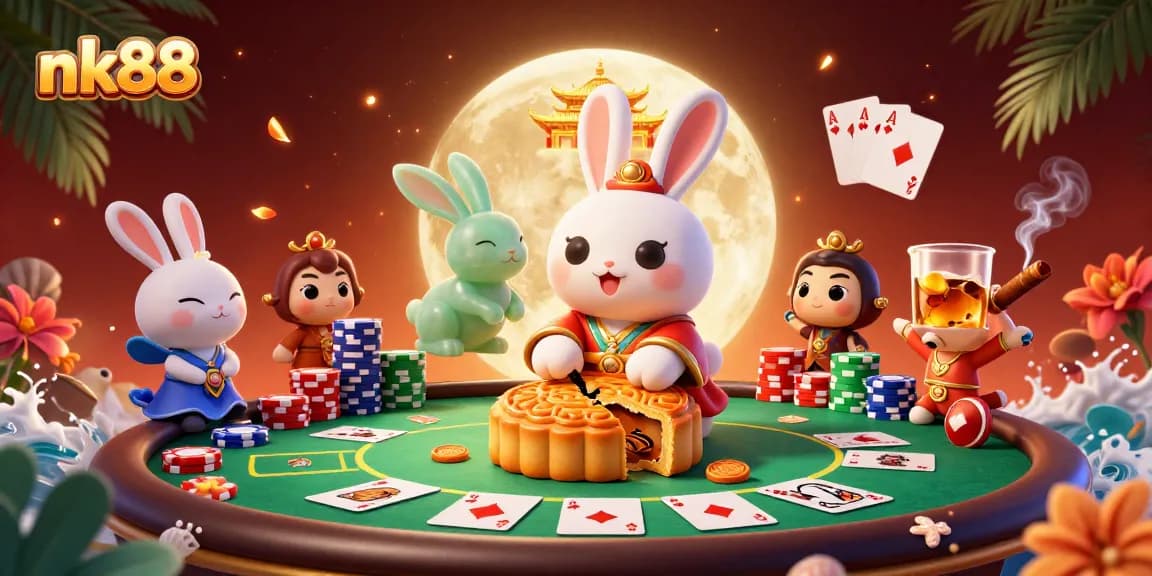 Experience the thrill of nk88 with a playful moon rabbit amidst poker chips and golden mooncakes.