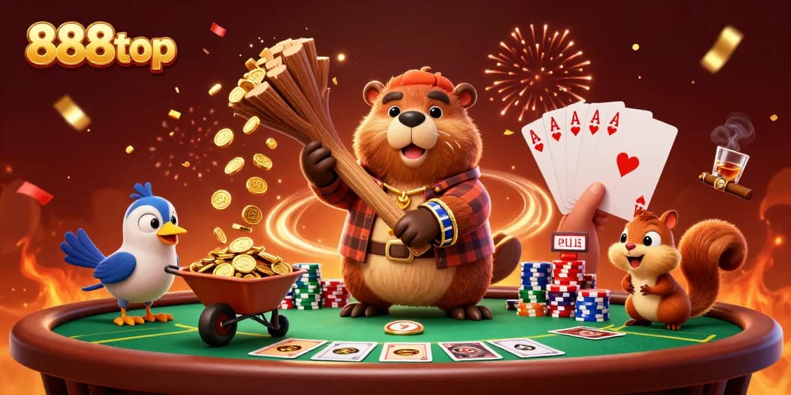 Engaging 888top illustration featuring a cheerful beaver who collects golden coins in a lively casino setting.