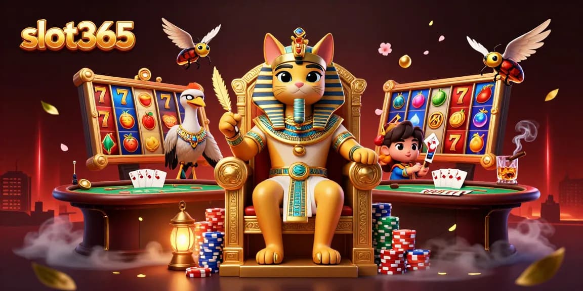 Experience thrilling slot365 action with a 3D Egyptian pharaoh cat in a dynamic casino scene.