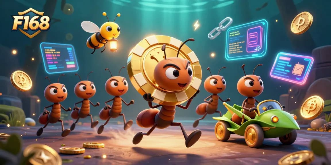 Ants carrying giant poker chip in F168 casino heist, with cryptocurrency elements.