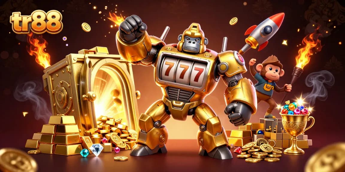 Spin to win with the tr88 golden gorilla mech amidst vaults of riches and luxurious jewels.