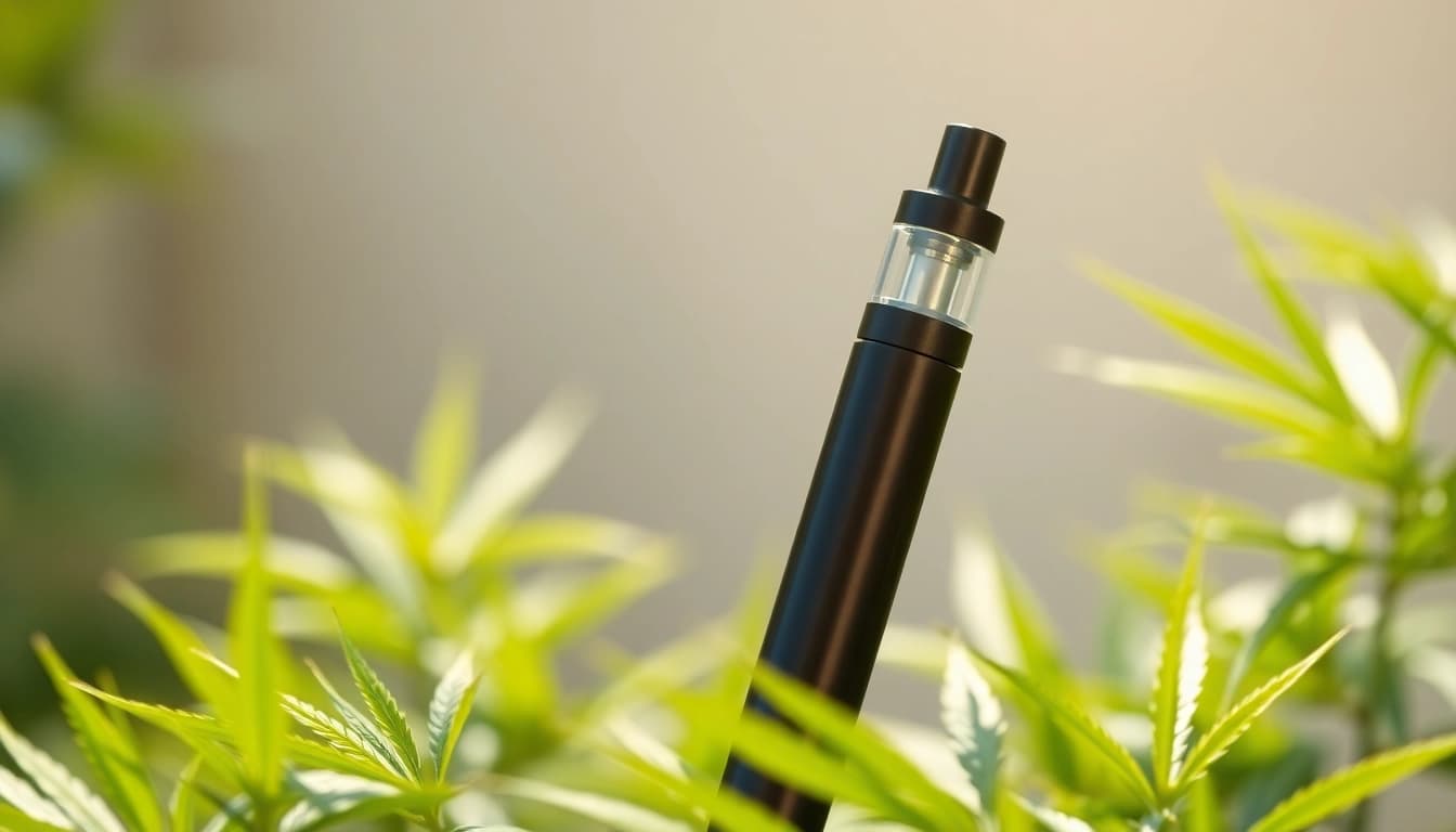 Showcasing cbd oil vape pen with hemp leaves, symbolizing relaxation and wellness.