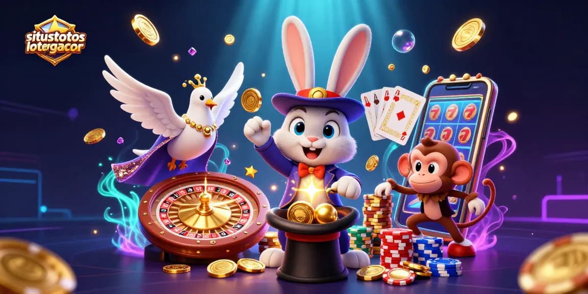 Engage in winning with situstotoslottergacor as a magician rabbit conjures coins amidst a dazzling casino scene.