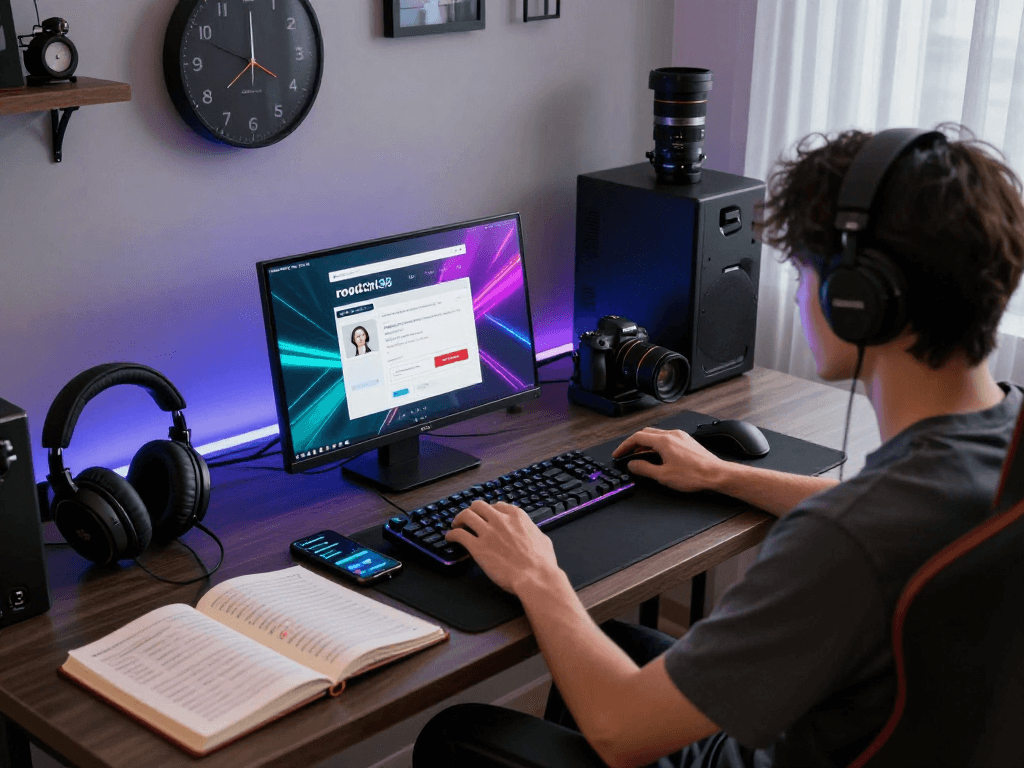 rokok88 login on a user's gaming setup with laptop and accessories
