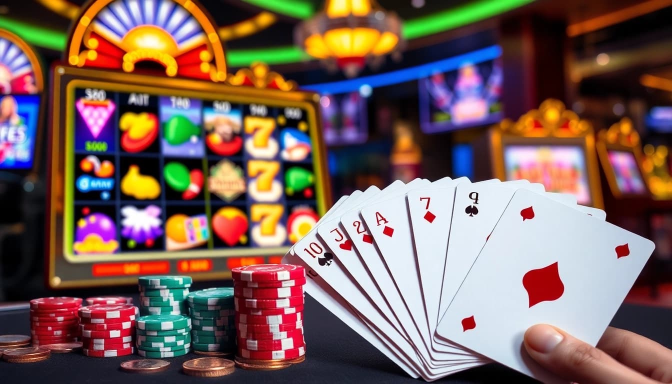 Experience bk8 สล็อต excitement with vibrant slot machines and casino chips.