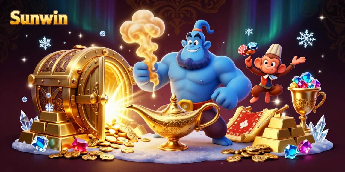 Experience Sunwin with a dazzling genie winning poker chips in a magical casino setting.